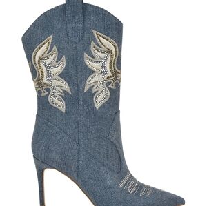 GUESS Rasima Western Boots Denim Rhinestones High Heel Pull On Point Toe Blue 10